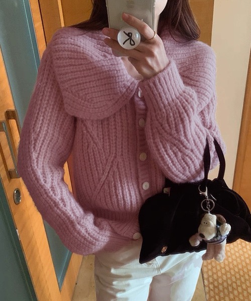 VIBGYOR（ヴィブジョー）の「ビッグカラー リブニットカーディガン/韓国 Y2K ショート丈(CZ)（カーディガン/ボレロ・レディース・グリーン/ピンク/ホワイト/アイボリー・FREE）」の8枚目の写真