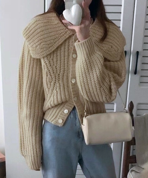 VIBGYOR（ヴィブジョー）の「ビッグカラー リブニットカーディガン/韓国 Y2K ショート丈(CZ)（カーディガン/ボレロ・レディース・グリーン/ピンク/ホワイト/アイボリー・FREE）」の9枚目の写真