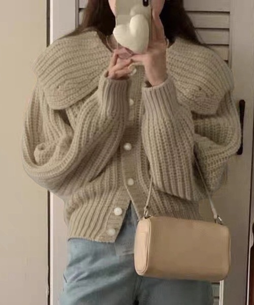 VIBGYOR（ヴィブジョー）の「ビッグカラー リブニットカーディガン/韓国 Y2K ショート丈(CZ)（カーディガン/ボレロ・レディース・グリーン/ピンク/ホワイト/アイボリー・FREE）」の10枚目の写真