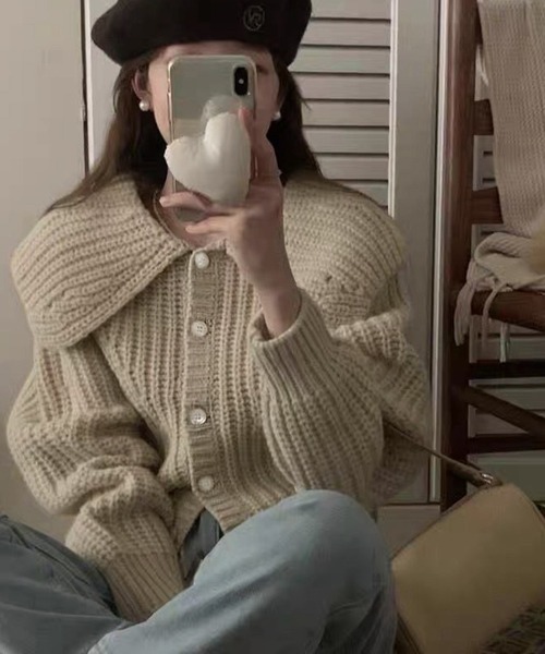 VIBGYOR（ヴィブジョー）の「ビッグカラー リブニットカーディガン/韓国 Y2K ショート丈(CZ)（カーディガン/ボレロ・レディース・グリーン/ピンク/ホワイト/アイボリー・FREE）」の11枚目の写真