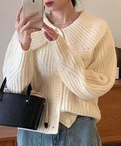 VIBGYOR（ヴィブジョー）の「ビッグカラー リブニットカーディガン/韓国 Y2K ショート丈(CZ)（カーディガン/ボレロ・レディース・グリーン/ピンク/ホワイト/アイボリー・FREE）」の12枚目の写真