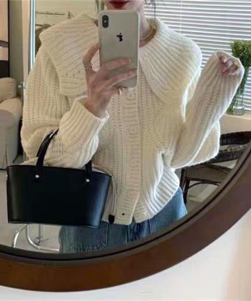 VIBGYOR（ヴィブジョー）の「ビッグカラー リブニットカーディガン/韓国 Y2K ショート丈(CZ)（カーディガン/ボレロ・レディース・グリーン/ピンク/ホワイト/アイボリー・FREE）」の13枚目の写真