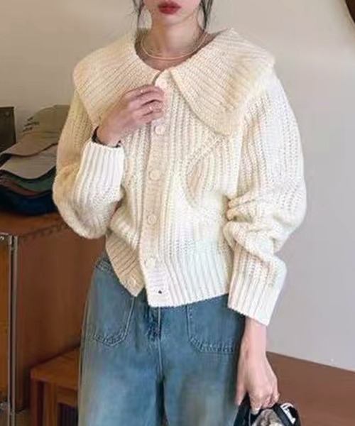 VIBGYOR（ヴィブジョー）の「ビッグカラー リブニットカーディガン/韓国 Y2K ショート丈(CZ)（カーディガン/ボレロ・レディース・グリーン/ピンク/ホワイト/アイボリー・FREE）」の14枚目の写真