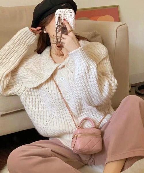 VIBGYOR（ヴィブジョー）の「ビッグカラー リブニットカーディガン/韓国 Y2K ショート丈(CZ)（カーディガン/ボレロ・レディース・グリーン/ピンク/ホワイト/アイボリー・FREE）」の15枚目の写真