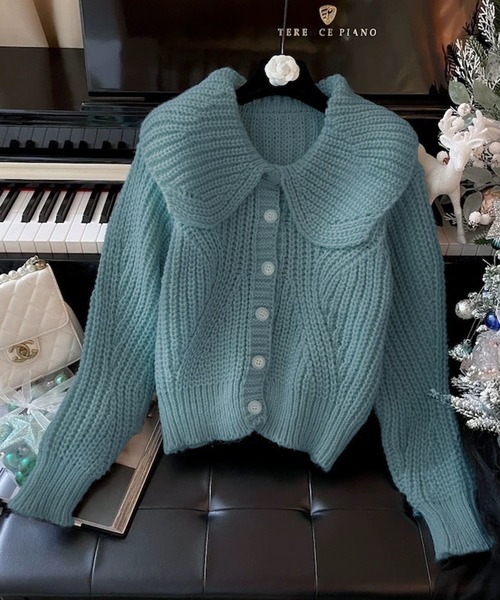 VIBGYOR（ヴィブジョー）の「ビッグカラー リブニットカーディガン/韓国 Y2K ショート丈(CZ)（カーディガン/ボレロ・レディース・グリーン/ピンク/ホワイト/アイボリー・FREE）」の16枚目の写真