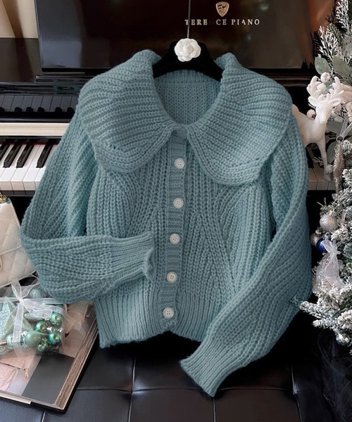 VIBGYOR（ヴィブジョー）の「ビッグカラー リブニットカーディガン/韓国 Y2K ショート丈(CZ)（カーディガン/ボレロ・レディース・グリーン/ピンク/ホワイト/アイボリー・FREE）」の18枚目の写真