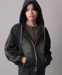 SlashDate（スラッシュデイト）の「【85】オーバーダイデニム 袖ライン ショート丈 フードブルゾン／デニムジャケット／ジップパーカー（ブルゾン）」