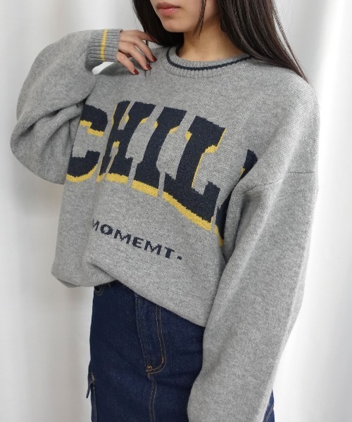 Lots of Love(ロッツオブラブ)の「CHILLロゴジャガードニットプルオーバー(ニット/セーター・レディース・ベージュ/ネイビー/グレー/ブルー・FREE)」の2枚目の写真