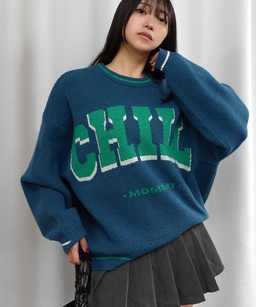 Lots of Love(ロッツオブラブ)の「CHILLロゴジャガードニットプルオーバー(ニット/セーター・レディース・ベージュ/ネイビー/グレー/ブルー・FREE)」の1枚目の写真