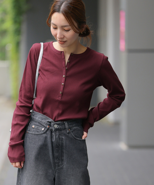 【試着のみ新品】ソフトテレコヘンリープルオーバー／バーガンディ セール】《追加》ソフトテレコヘンリープルオーバー（Tシャツ