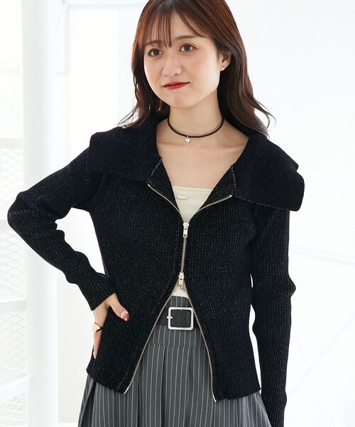 MAJESTIC LEGON(マジェスティックレゴン)の「キラキラモールダブルジップニット(ニット/セーター・レディース・アイボリー/ピンクベージュ/ブラック・MEDIUM)」の7枚目の写真