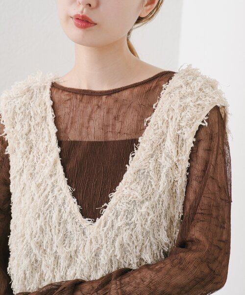 Kastane（カスタネ）の「ランダムチュールメローTEE（Tシャツ/カットソー・レディース・アイボリー/チャコールグレー/ブラウン・FREE）」の14枚目の写真