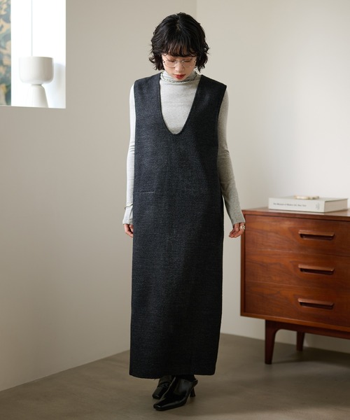LAULEN（ローレン）の「wool blend deep neck sleeveless dress /ウールブレンドディープネックノースリーブワンピース（ジャンパースカート・レディース・ブラック/チャコールグレー/ワインレッド・FREE）」の7枚目の写真