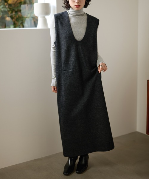 LAULEN（ローレン）の「wool blend deep neck sleeveless dress /ウールブレンドディープネックノースリーブワンピース（ジャンパースカート・レディース・ブラック/チャコールグレー/ワインレッド・FREE）」の10枚目の写真