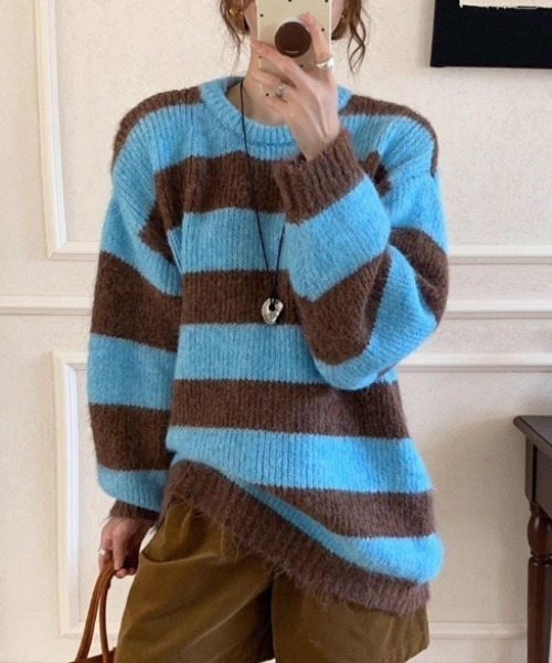 LAC-VERT（ラック・ヴェール）の「オーバーサイズボーダーニット（ニット/セーター・レディース・グレー/ブルー/ホワイト/ブラウン・FREE）」の5枚目の写真