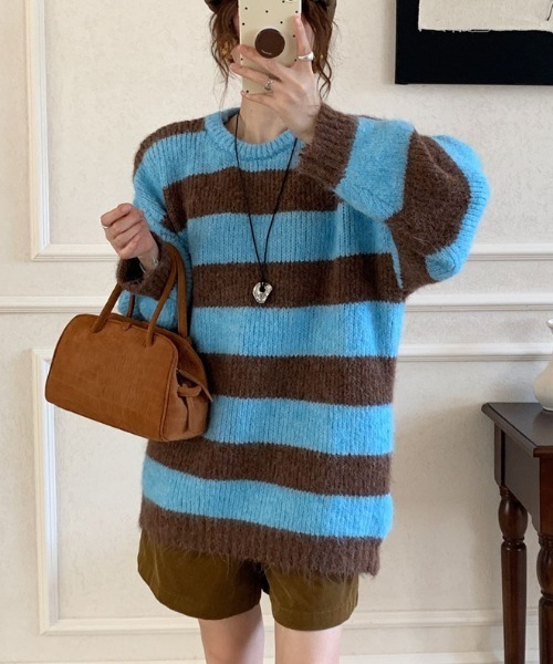 LAC-VERT（ラック・ヴェール）の「オーバーサイズボーダーニット（ニット/セーター・レディース・グレー/ブルー/ホワイト/ブラウン・FREE）」の6枚目の写真