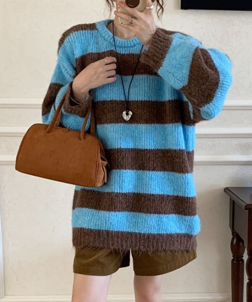 LAC-VERT（ラック・ヴェール）の「オーバーサイズボーダーニット（ニット/セーター・レディース・グレー/ブルー/ホワイト/ブラウン・FREE）」の7枚目の写真