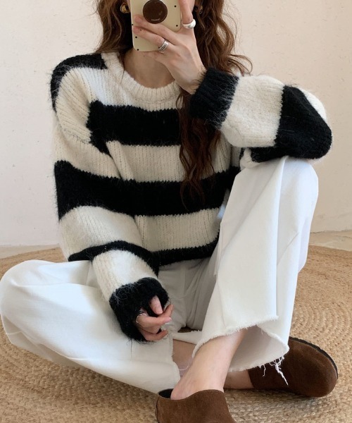 LAC-VERT（ラック・ヴェール）の「オーバーサイズボーダーニット（ニット/セーター・レディース・グレー/ブルー/ホワイト/ブラウン・FREE）」の19枚目の写真