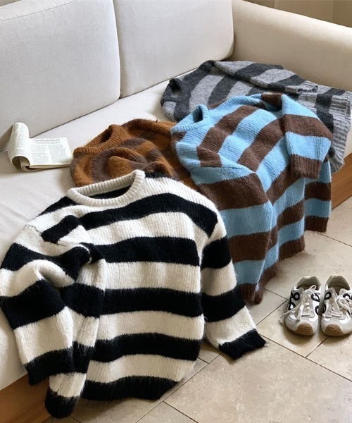 LAC-VERT（ラック・ヴェール）の「オーバーサイズボーダーニット（ニット/セーター・レディース・グレー/ブルー/ホワイト/ブラウン・FREE）」の20枚目の写真