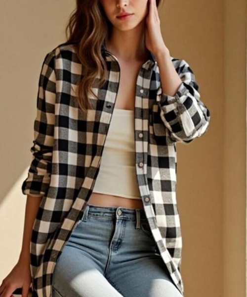 cammie(キャミー)の「チェックシャツ(シャツ/ブラウス・レディース・イエロー/ベージュ/ブラック×ホワイト/レッド・M/L)」の2枚目の写真