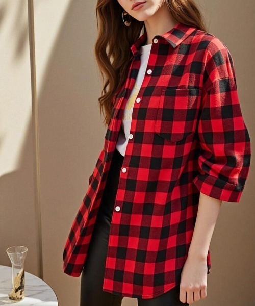 cammie(キャミー)の「チェックシャツ(シャツ/ブラウス・レディース・イエロー/ベージュ/ブラック×ホワイト/レッド・M/L)」の4枚目の写真
