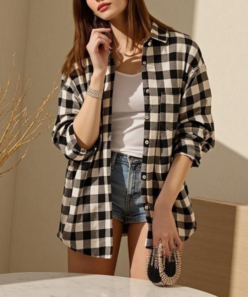 cammie(キャミー)の「チェックシャツ(シャツ/ブラウス・レディース・イエロー/ベージュ/ブラック×ホワイト/レッド・M/L)」の14枚目の写真
