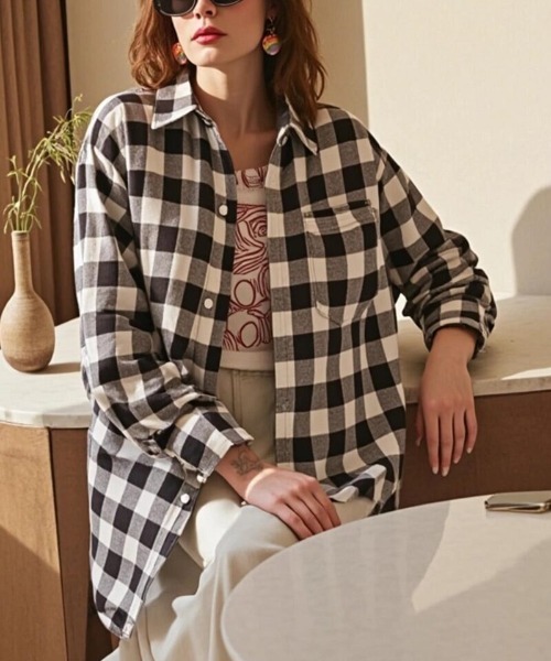 cammie(キャミー)の「チェックシャツ(シャツ/ブラウス・レディース・イエロー/ベージュ/ブラック×ホワイト/レッド・M/L)」の17枚目の写真