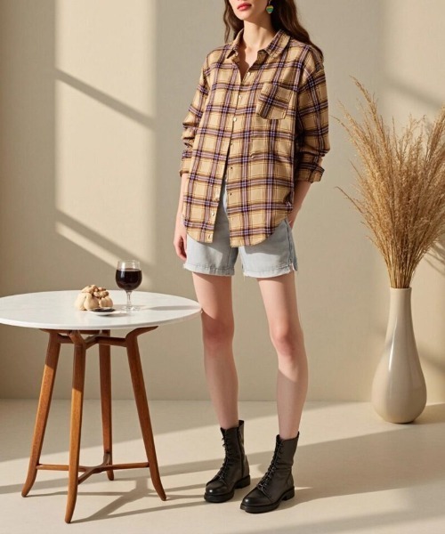 cammie(キャミー)の「チェックシャツ(シャツ/ブラウス・レディース・イエロー/ベージュ/ブラック×ホワイト/レッド・M/L)」の21枚目の写真