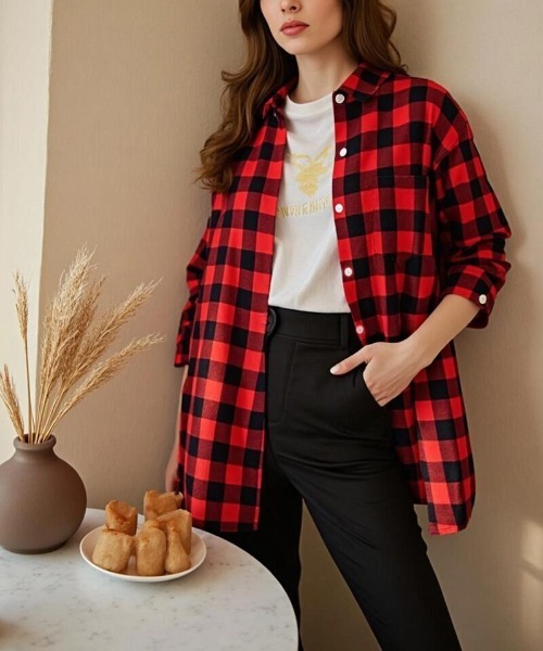 cammie(キャミー)の「チェックシャツ(シャツ/ブラウス・レディース・イエロー/ベージュ/ブラック×ホワイト/レッド・M/L)」の10枚目の写真