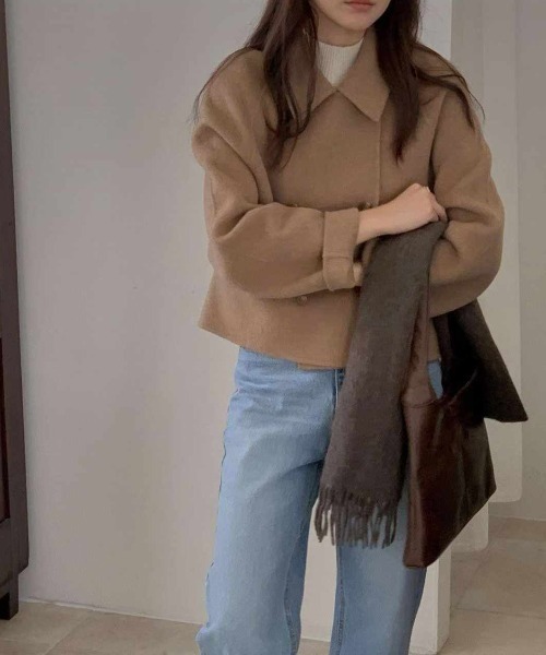 ウール ドンキー ピーコート 襟リブニット ダブルブレスト キャメル ゆったり ウール ドンキー ピーコート 襟リブニット ダブルブレスト キャメル