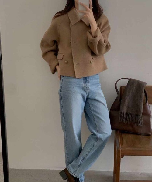 襟付きダブルブレストショートメルトンジャケット（ピーコート