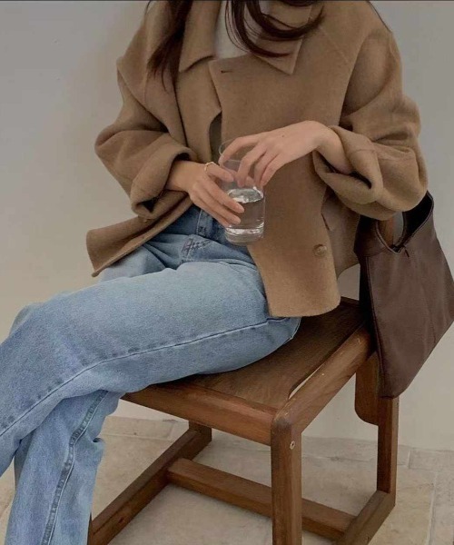 襟付きダブルブレストショートメルトンジャケット（ピーコート