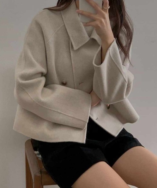 襟付きダブルブレストショートメルトンジャケット（ピーコート