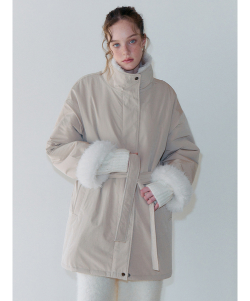 Belt Fur Padded Coat Light Beige
