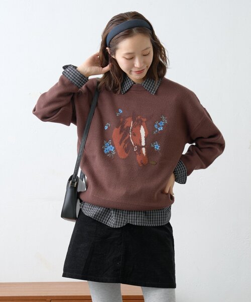 GEVACO（ゲバコ）の「【GEVACO】フラワーホースジャガードニット（ニット/セーター・レディース・ブラウン/レッド・ONE SIZE）」の4枚目の写真