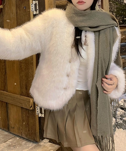 こちゃんノーカラーコート　ファー付き セール】フェイクファーノーカラーコート（ノーカラーコート）｜Kuroba