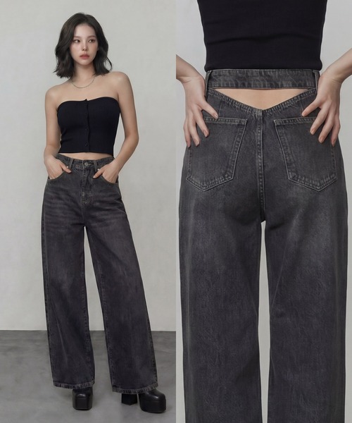 DURAS（デュラス）の「バックトライアングルカットデニムパンツ（デニムパンツ・レディース・インディゴブルー/ブラック・S-M/M-L）」の2枚目の写真