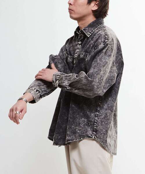 CONVERSE TOKYO（コンバーストウキョウ）の「ACID WASH STAR★ PATCH SHIRT（シャツ/ブラウス・レディース・サックスブルー/ブラック/グレー/パープル/ミント・FREE）」の8枚目の写真