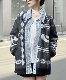 デニム襟×ジャカード柄ニットジャケット