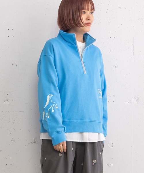 POU DOU DOU（プードゥドゥ）の「HORSE刺繍zipあき裏毛プルオーバー（スウェット・レディース・オートミール/ブルー/ネイビー・3）」の17枚目の写真