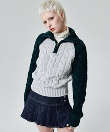 runningHIGH | カラー ブロック タートルネック ジップアップ ニット プルオーバー [グリーン](ニット/セーター)