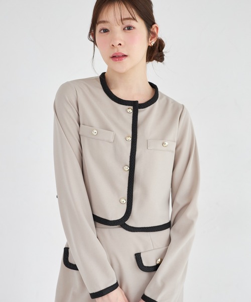 tocco closet(トッコ クローゼット)の「【ZOZO限定】コード刺繍カットジョーゼットライトジャケット ※セットアップ可能(ノーカラージャケット・レディース・グレイッシュベージュ/ブラック/チャコール・M)」の1枚目の写真