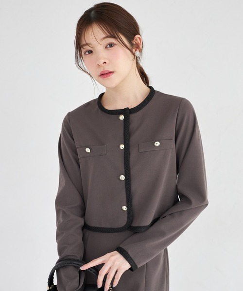 tocco closet(トッコ クローゼット)の「【ZOZO限定】コード刺繍カットジョーゼットライトジャケット ※セットアップ可能(ノーカラージャケット・レディース・グレイッシュベージュ/ブラック/チャコール・M)」の3枚目の写真