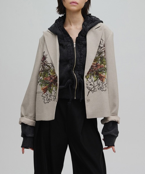 Ameri（アメリ）の「PIXEL FLOWER PRINT SHORT JACKET（テーラードジャケット・レディース・ブラック/ベージュ・SMALL/MEDIUM）」の7枚目の写真