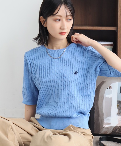 BEVERLY HILLS POLO CLUB(ビバリーヒルズポロクラブ)の「【Beverly Hills Polo Club/ビバリーヒルズ ポロクラブ】ワンポイント刺繍 ケーブル編み 半袖 ニット(ニット/セーター・レディース・アイボリー/ブルー/イエロー・M)」の12枚目の写真