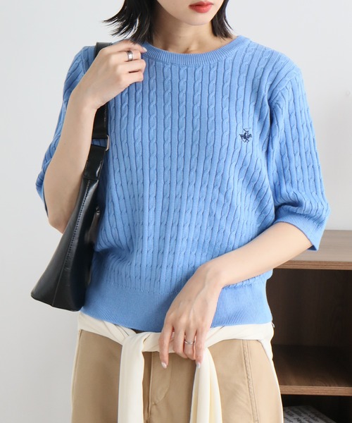 BEVERLY HILLS POLO CLUB(ビバリーヒルズポロクラブ)の「【Beverly Hills Polo Club/ビバリーヒルズ ポロクラブ】ワンポイント刺繍 ケーブル編み 半袖 ニット(ニット/セーター・レディース・アイボリー/ブルー/イエロー・M)」の10枚目の写真