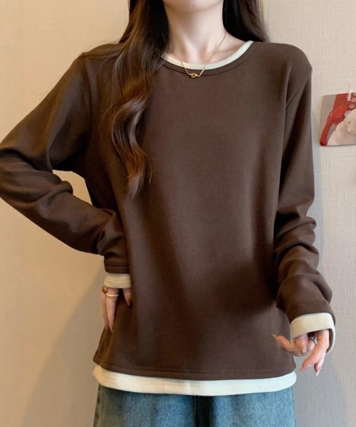 SallyLunn(サリーラン)の「レイヤード風配色クルーネックトップス(Tシャツ/カットソー・レディース・ブラック/ブラウン・LARGE/MEDIUM)」の1枚目の写真