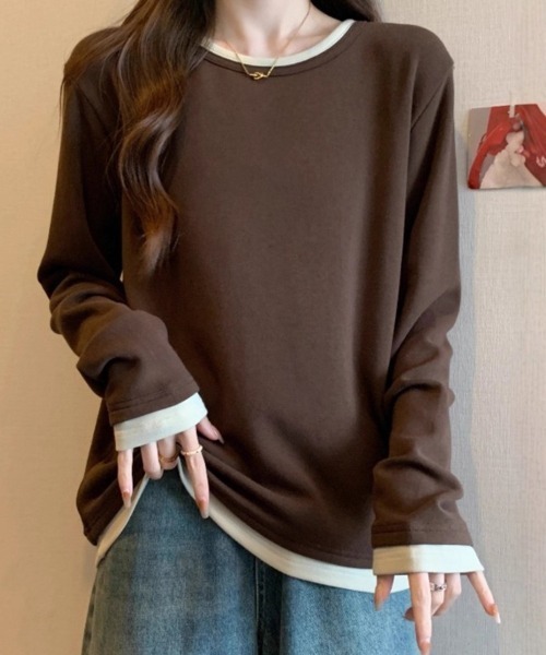 SallyLunn(サリーラン)の「レイヤード風配色クルーネックトップス(Tシャツ/カットソー・レディース・ブラック/ブラウン・LARGE/MEDIUM)」の4枚目の写真