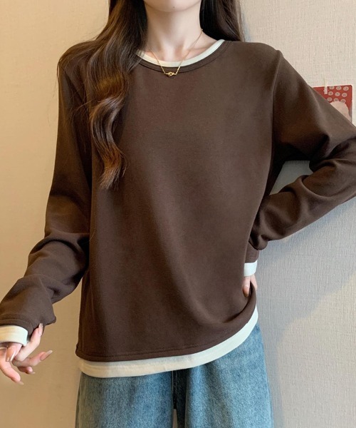 SallyLunn(サリーラン)の「レイヤード風配色クルーネックトップス(Tシャツ/カットソー・レディース・ブラック/ブラウン・LARGE/MEDIUM)」の5枚目の写真