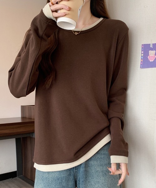 SallyLunn(サリーラン)の「レイヤード風配色クルーネックトップス(Tシャツ/カットソー・レディース・ブラック/ブラウン・LARGE/MEDIUM)」の6枚目の写真